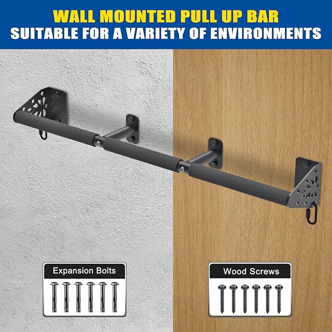 Kipika Wall Mounted Pull Up Bar - Heavy Duty 450 LB Capacity Doorway Chin Up Bar for Home Gym, Sturdy Steel Construction with Resistance Band Hooks | Hanging Exercise Bar for Full Body Workout