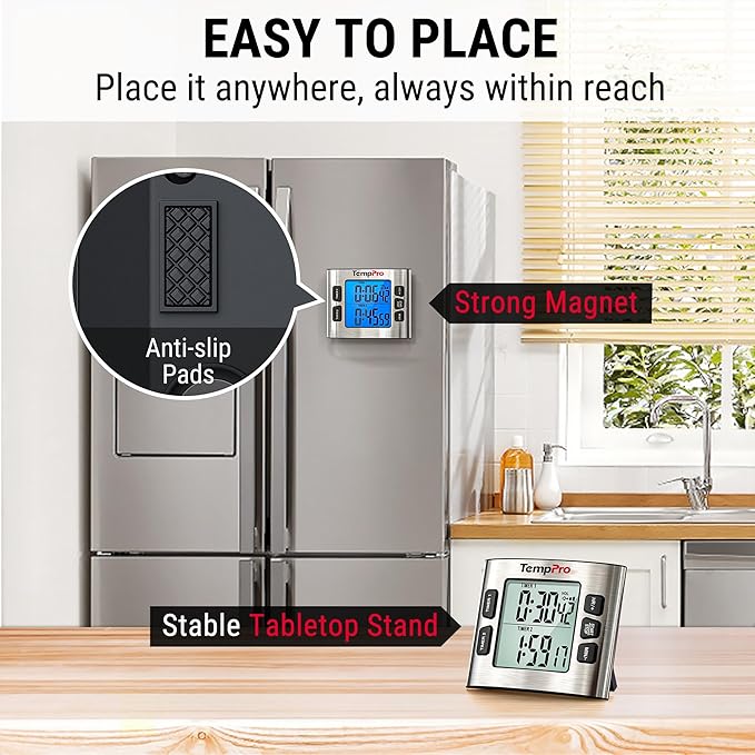 TempPro TM02 24H Digital Timer with Dual Kitchen Timers for Cooking, Magnetic Timer Clock with Adjustable Alarm Volume & LCD Backlit Display, Classroom Timer for Kids & Teachers (Previously ThermoPro)