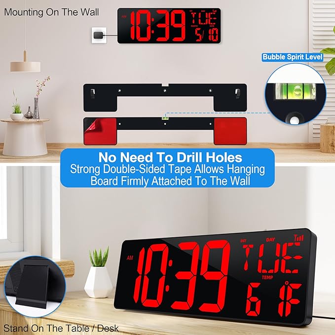 CYMHCHL 17.2" Large Digital Wall Clock Bluetooth Auto Time Sync Digital Clock Large Display Auto-Dimming/DST Led Wall Clock with Date Week Big Timer for Living Room Classroom Garage Gym Decor