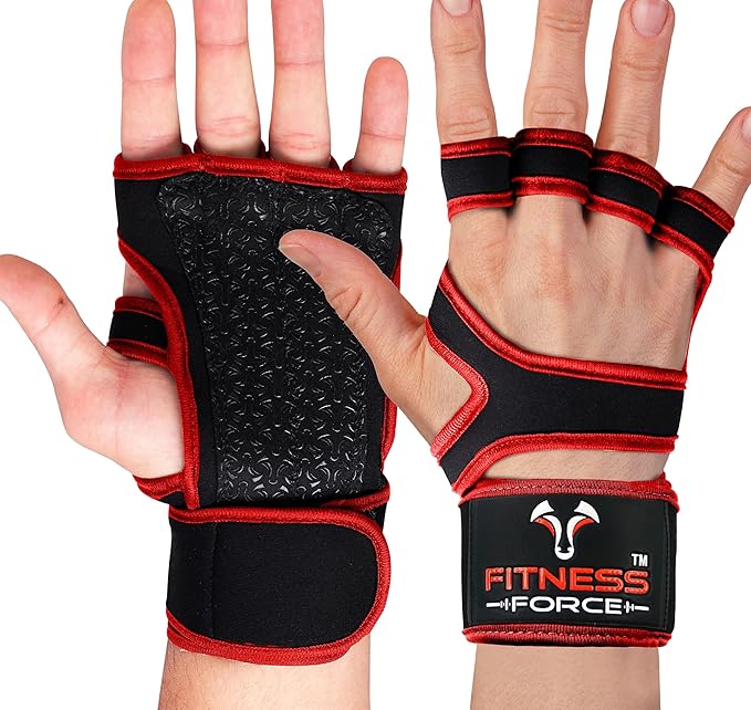 FITNESS FORCE Ventilated Weightlifting Gloves Workout Gloves for Men & Women with Built-in Wrist Wraps Fingerless Gym Gloves for Men Perfect for Exercise Fitness, Weight Lifting, Cross Training