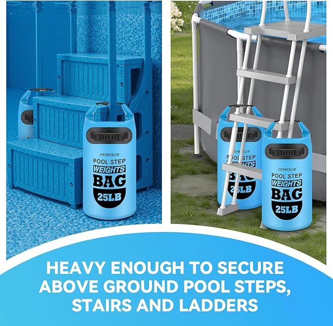2 Pack 25lb Heavy Duty Pool Ladder Weights, Sand Fillable Universal Sand Bags Step Anchors, 500D PVC Durable Waterproof & Foldable Sandbags for Above Ground Swimming Pools Stair, with Handle(Sky Blue)