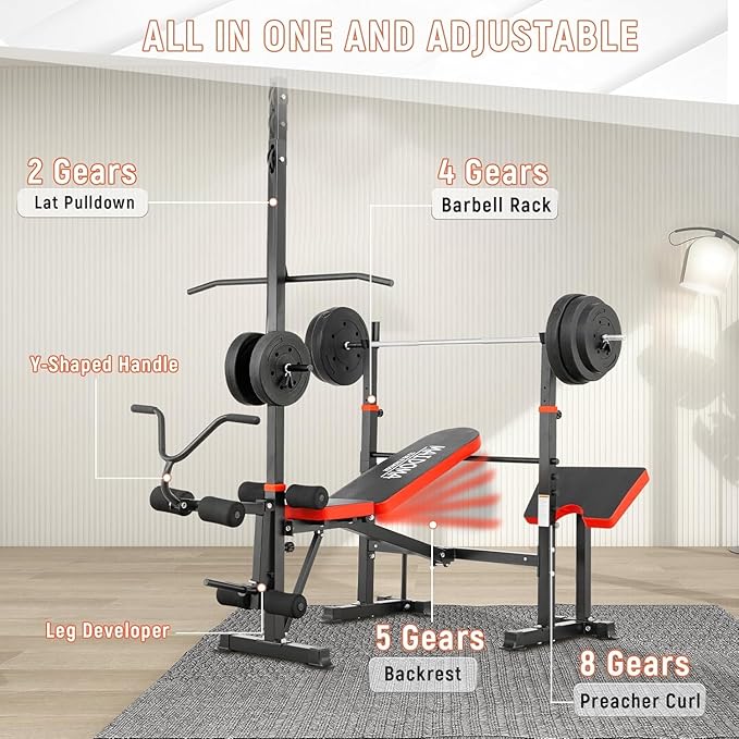 Foldable 1500LBS 8 IN 1 Olympic Weight Bench Set with Squat Rack, Leg Extension/Curl & Preacher Curl, Adjustable Bench Press Set with Safety Bar Catches for Home Gym Full Body Workout