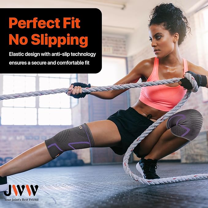 JWW Knee Compression Sleeve 2 Pack for Men and Women, Knee Brace for Knee Pain Relief, Comfortable Support for Running, Workout Sports and Daily Wear, Meniscus, ACL and Arthritis Recovery (Purple, L)