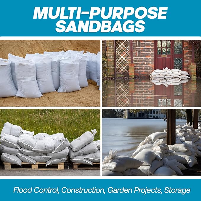 Sand Bags with Ties 14" x 26" - Sand Bags for Flooding, Woven Polypropylene Sandbags, 50 lbs Capacity, 14x26 inches, White