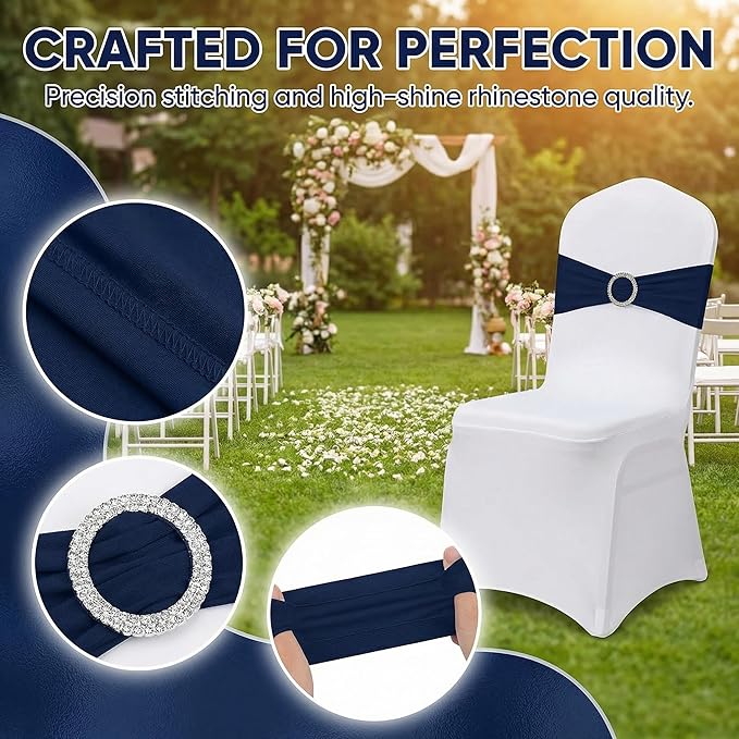 150 Pack Spandex Stretch Chair Sashes Bows, Elastic Stretch Chair Cover Bands Ties with Buckle Slider for Wedding Party Ceremony Reception Event Banquet Decoration (Navy Blue)