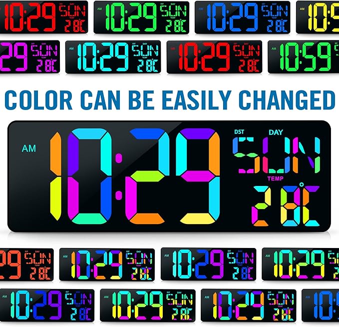 TXL16.5 Digital Wall Clock Large Display, LED Wall Clock RGB Color Changing, Count Up/Down Timer Clock with Remote Control, Adjustable Brightness Alarm Clock for Home, Office, Gym, Elderly, Auto DST
