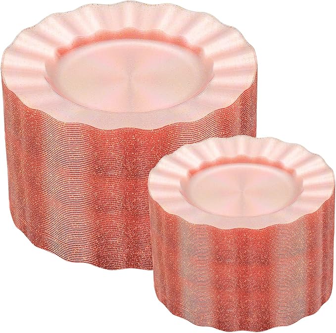 60Pcs Premium Pink Plastic Plates, Fancy Clear Pink and Gold Glitter Disposable Plate, Elegant Wedding Plate Set include 30 Dinner & 30 Dessert Plates for Wedding（30Guests）