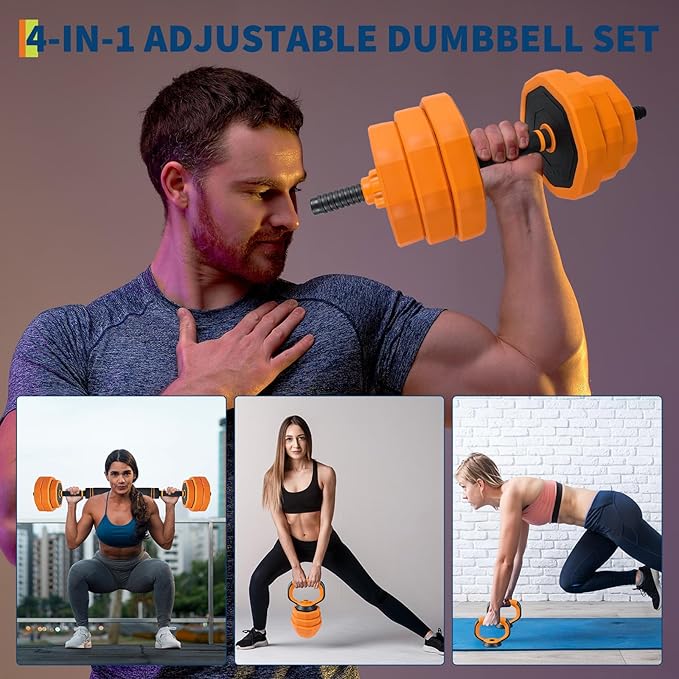 4-In-1 Adjustable Dumbbell Set (44/66/88LB) - Convertible to Barbell, Kettlebell & Push Up Stands, Home Gym Equipment for Men & Women, Space Saving Weights with PVC Coating,44 LBS