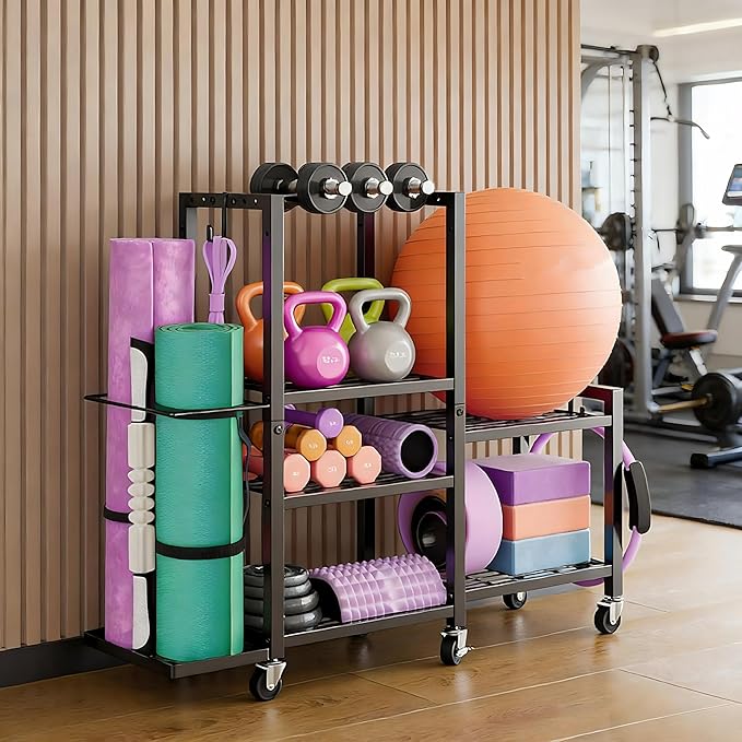 Home Gym Storage Rack 3-Tier Dumbbell Rack with Ball Holder & Side Basket Heavy Duty Vertical Workout Equipment Organizer for Yoga Mats Lockable Wheels