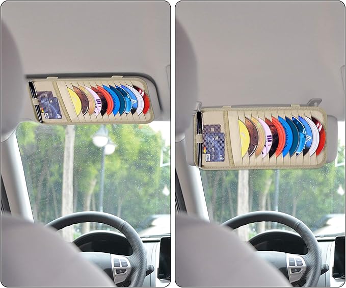 Car CD Case Holder, Wisdompro Vehicle Sun Visor Organizer for Cars with 12 DVD Storage Sleeves, 1 Mesh Pocket, 1 Pen Holder and Elastic Strap, Khaki