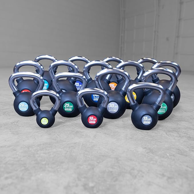 Body-Solid Tools (KBZ) Cast Iron Kettlebells from 5, 10, 15, 20 lb to 80 lbs with Rubber Coated Colored Weight and Non-Slip Handle, Kettlebell for Strength Training Home and Commercial Gym Equipment