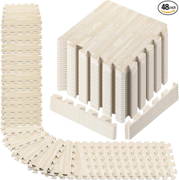 Tinideya 48 Pcs Printed Foam Tiles Bulk 12 x 12 Inch Interlocking Foam Mats Wood Grain Puzzle Floor Mat Tiles EVA Floor Padding Exercise Flooring with Border for Home Gym Playroom Kids(White)