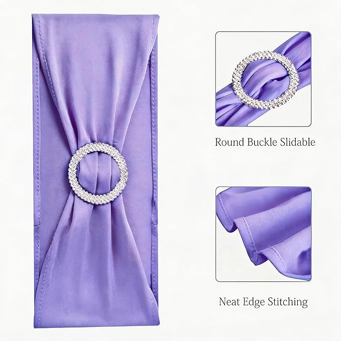 100 PCS Spandex Lavender Chair Sashes for Wedding Stretch Light Purple Chair Bows Bands with Buckle for Party Banquet Birthday Engagement Outdoor Events Decorations