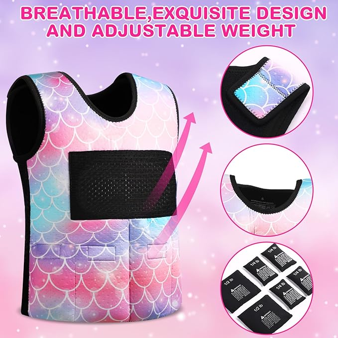 Janmercy Weighted Vest for Kids Ages 4 to 7 and Ages 8+ Boy Girl Adjustable Breathable Compression Vest for Processing Issue(Mermaid,Small,Tie-dye)