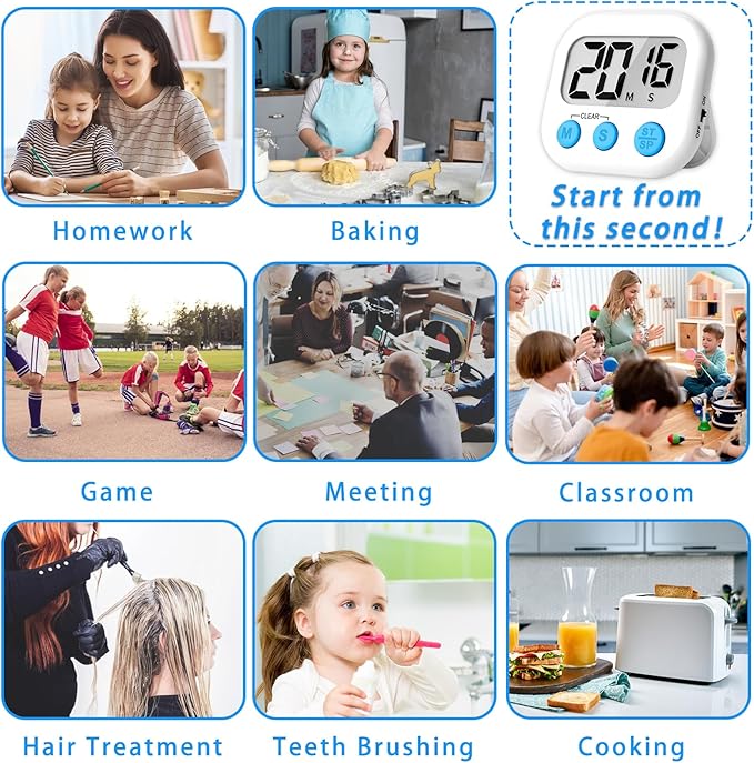 Lasubst Digital Kitchen Timers for Cooking, Magnetic Classroom Timers for Teachers Kids, Back to School Supplies Bulk (6 Pack, Black White)
