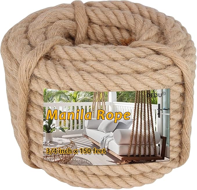 Manila Rope 3/4 Inch X 150 Ft, Natural Hemp Rope 4 Strand Twisted, Thick Heavy Duty Multipurpose for Swing Bed, Camping, Tug of War, Docks, DIY Projects