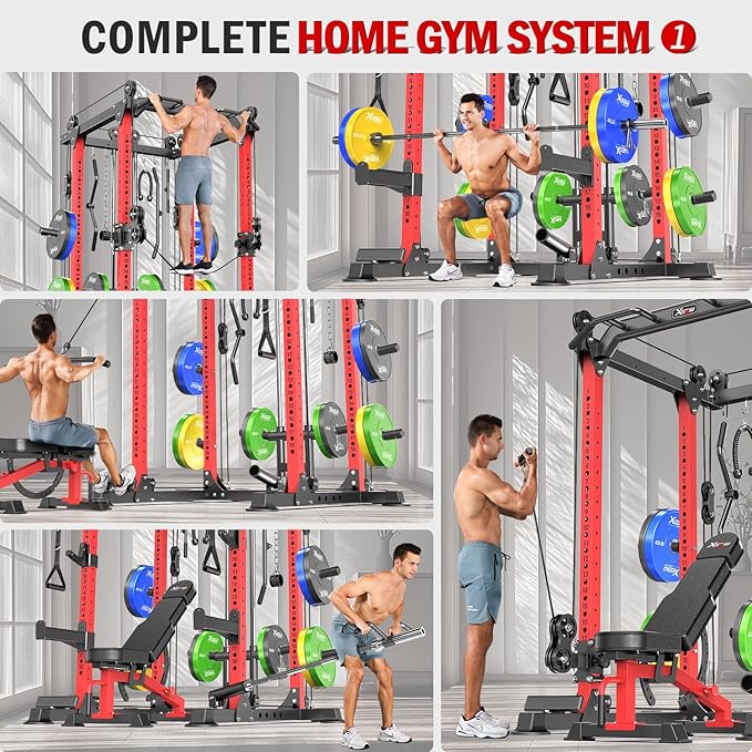 Power Cage Multi-Function Power Rack with Cable Crossover System,1500 LBS Capacity Squat Rack with Weight Bench,for Home Gym
