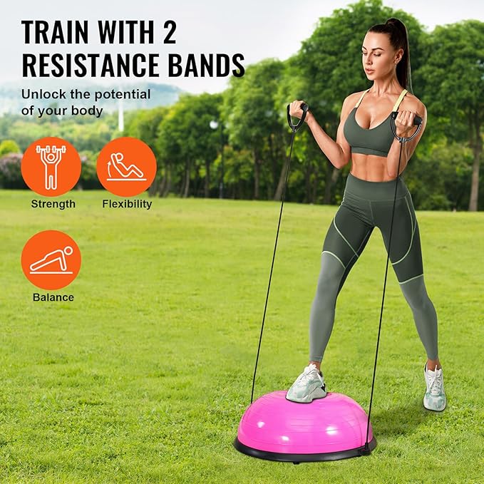 VEVOR Half Exercise Ball Trainer, 23/26 inch Balance Ball Trainer, 1500lbs Capacity Stability Ball, Yoga Ball with Resistance Bands & Foot Pump, Strength Fitness Ball for Home Gym Full Body Workout