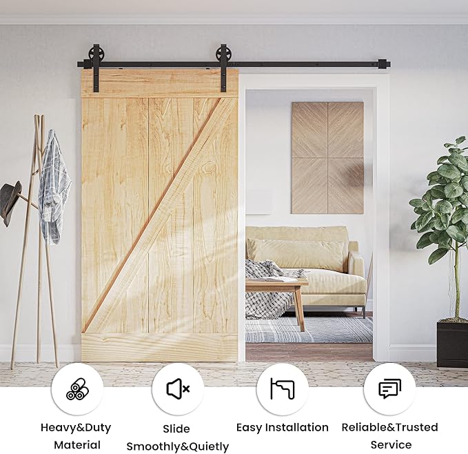 SMARTSTANDARD 8 FT Heavy Duty Sliding Barn Door Hardware Kit, 4FT - 18FT, Black, Smoothly and Quietly, Simple and Easy to Install, Fit 42"- 48" Wide Door Panel (Industrial Bigwheel Hangers)