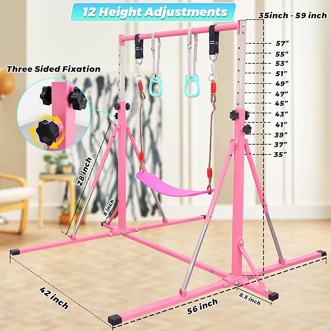 Foldable Gymnastics Bar,5FT Horizontal bar,Adjustable Kids Training bar for Kids Ages 3-15,Kids Gymnastics bar,Triangle Stable Structure-Gym Equipment for Home