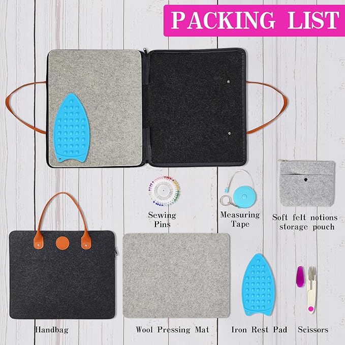 Rdutuok 17“x13.5” Wool Pressing Mat for Quilting with Carrying Case and Silicone Iron Rest pad,100% New Zealand Wool Felted Ironing Pad or Quilting Wooly Felted Iron Board for Retains Heat