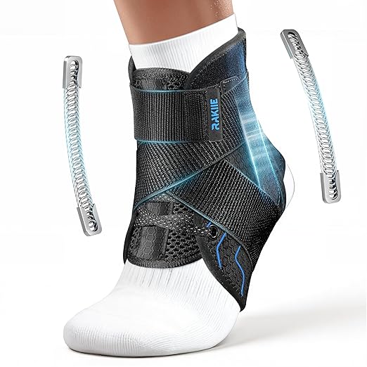 Rakiie Quick Lace Up Ankle Brace with 2 Metal Support Stays, Breathable Stabilizer for Sprained Ankle, Slim Fit Ankle Support for Men & Women, Sports, Running, Basketball (Black, M)