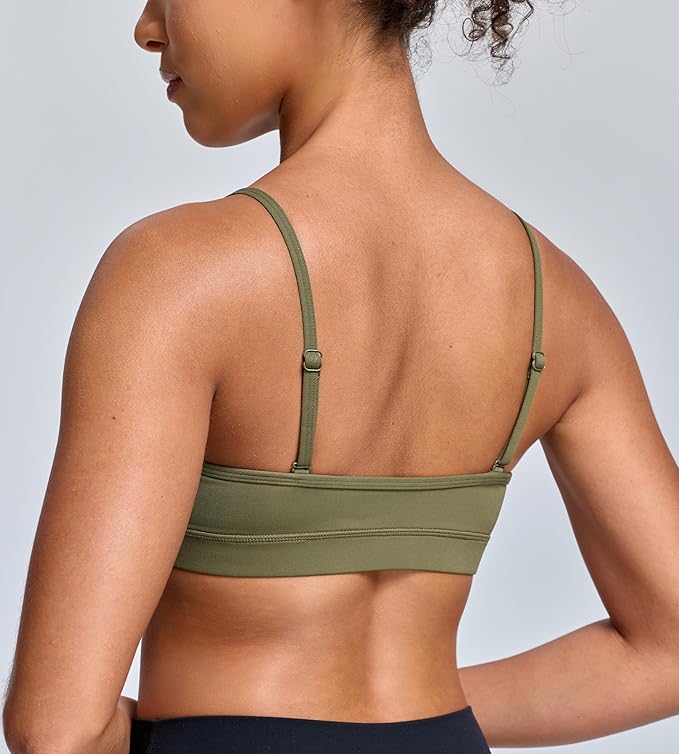 Oalka V Neck Sports Bra for Women Adjustable Padded Thin Straps Wireless Yoga Bras
