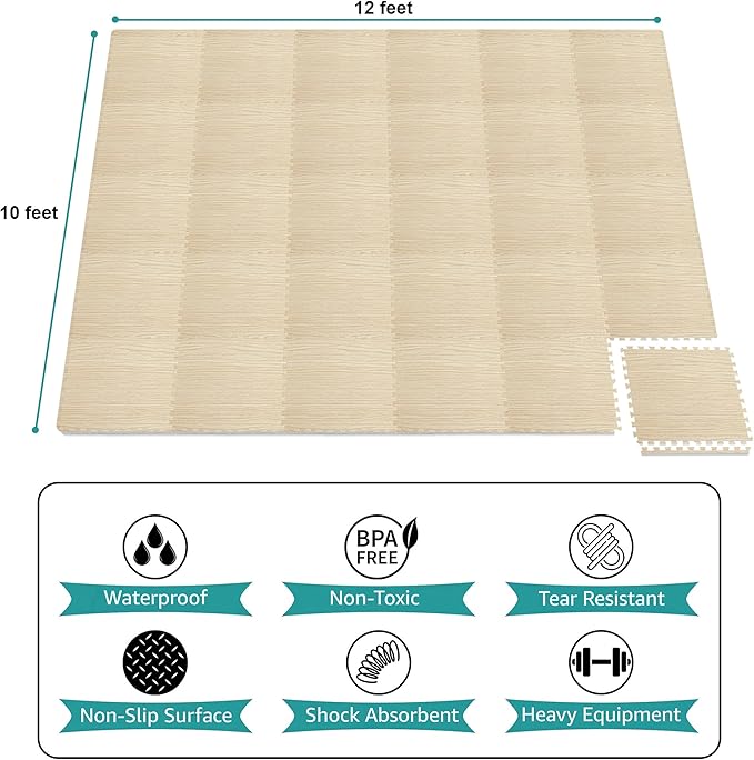 Sorbus 120 Sq. Ft. Wood Grain Floor Tiles Foam Mat EVA Interlocking Mats Tile 3/8-Inch Thick Flooring Wood Puzzle Exercise Mats w/Borders - Home Playroom Basement, Apartment, Trade Show, Baby, Dance