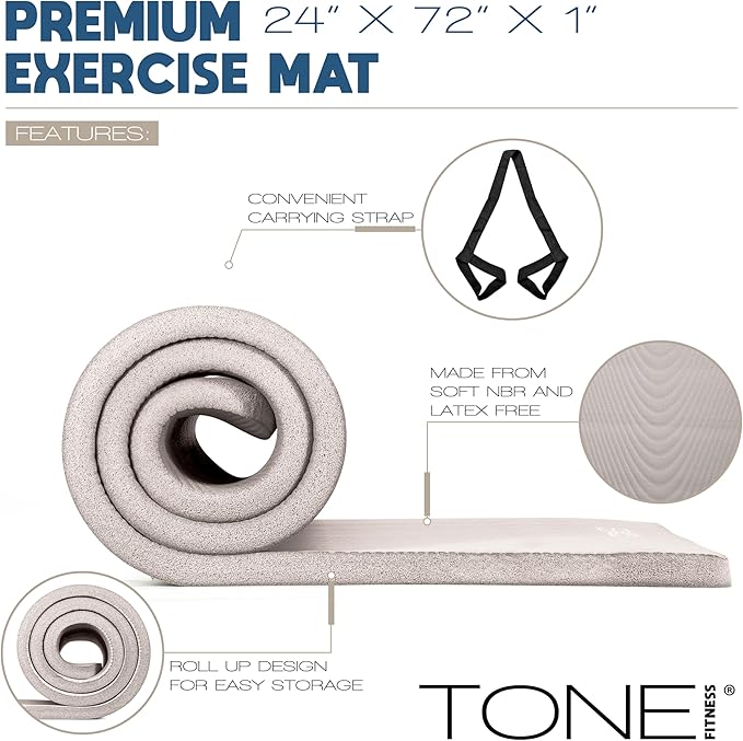 Tone Fitness 1-Inch Thick Yoga Mat | High-Density, Non-slip Exercise Mat with Carrying Strap for Yoga, Pilates, & Home Gym Workouts | Multiple Options