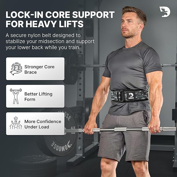 DMoose Weight Lifting Belt - Auto Locking Gym Belt for Olympic Training, WOD, Cross Training for Men and Women - 4" Nylon Workout belt with Adjustable Buckle - Provides Lumbar Support and Stability