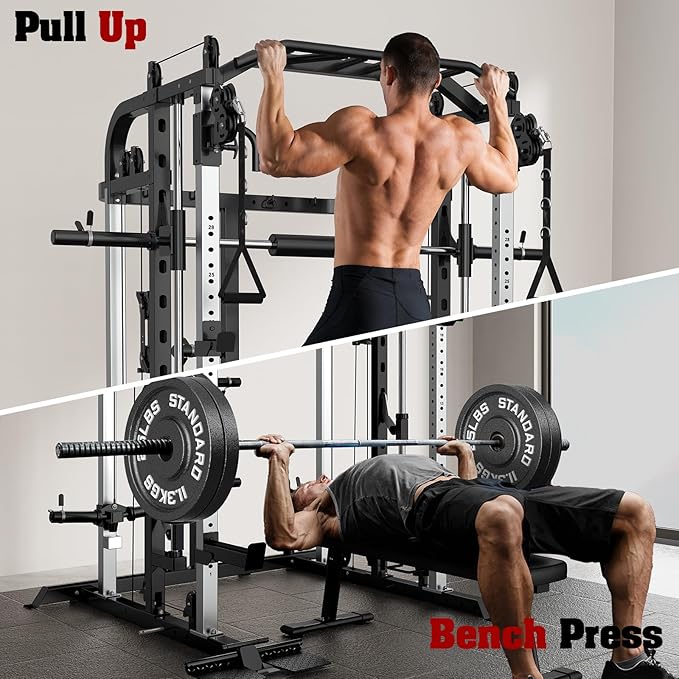 Smith Machine, Multifunctional Power Cage Rack with Smith Bar and Cable Pulley System, and LAT Pull Down Machine for Home Gym…