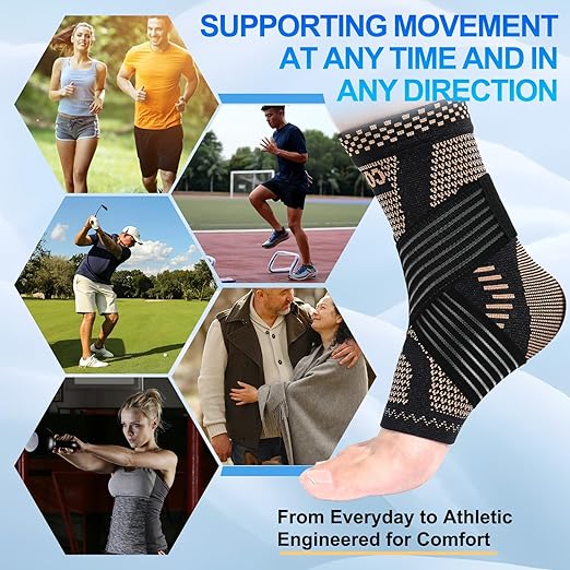 LISEPWU Copper Ankle Brace with Adjustable Compression Bandage, Ankle Support Compression Sleeve for Men & Women, for Foot Pain, Sprained Recovery, Achilles Tendonitis, Sports Protection(Black S)