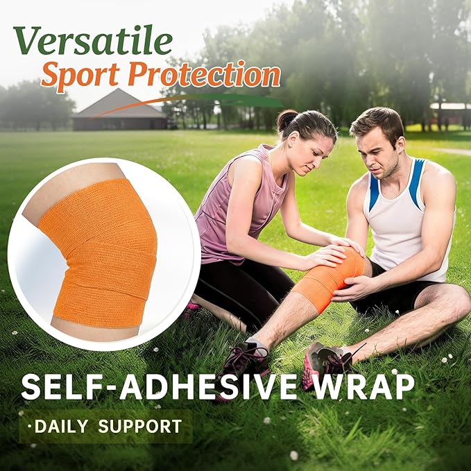 18 Pack Self Adhesive Bandage, 2 Inch Orange Cohesive Bandage for Vet Wrap, Breathable Wound Tape, Strong Elastic Wrap Support for Thumb Finger, Hand Wrist, Ankle and Knee
