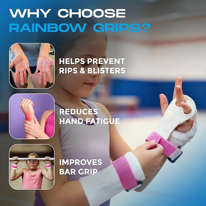 Gibson Athletic Rainbow Gymnastics Grips for Beginners, Unisex Durable Leather Grip, Hook & Loop Closure for Secure Grip & Wrist Support, Athletic Grip & Hand Protection for Young Gymnasts Made in USA