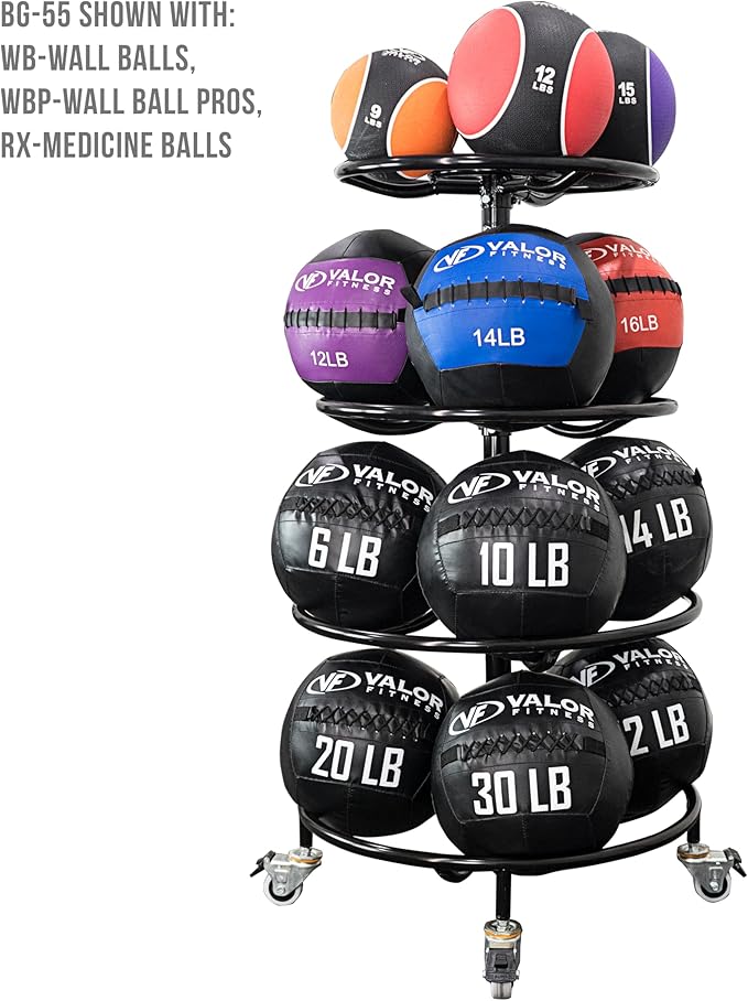 Valor Fitness 4-Tier Rolling Medicine Ball Rack – Mobile Storage for Medicine, Wall & Exercise Balls in Home Gym & Fitness Centers