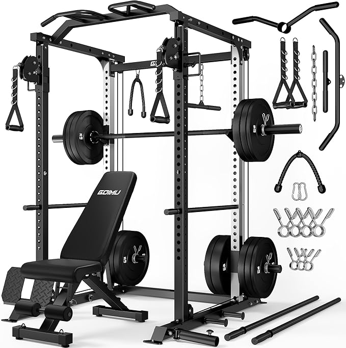 DP01 Power Cage, 2000LBS Squat Rack with with Cable Crossover and Dual Independent Pulley System, Full Cage for Full Body Training, Power Rack with More Training Attachments for Home Gym