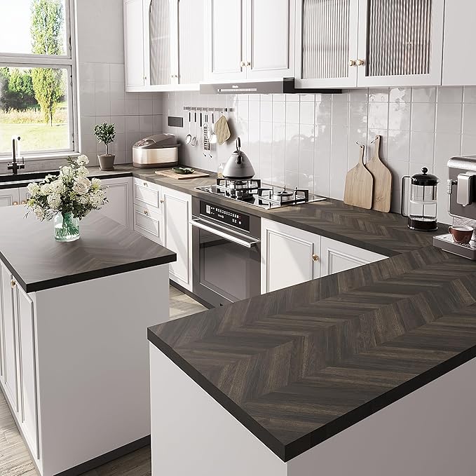 Howizz Chevron Acacia Butcher Block Countertop 48 x 25 x 1.5 Inches, Mocha Stain Solid Wood Table Top for Desk Top, Workbench Top, Kitchen Countertop