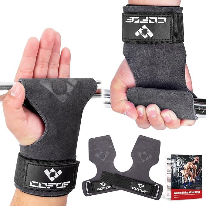 COFOF Weight Lifting Wrist Strap, Double Layer Leather Wrist Strap for Deadlift and Powerlifting, Adjustable Neoprene Padded Gym Workout Lifting Hooks (Pair)