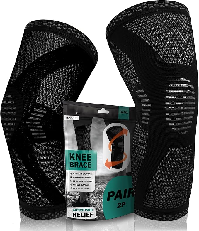 POWERLIX Knee Compression Sleeve (Pair) - Best Knee Brace for Knee Pain for Men & Women – Knee Support for Running, Basketball, Volleyball, Weightlifting, Gym, Workout, Sports - (Black XL)