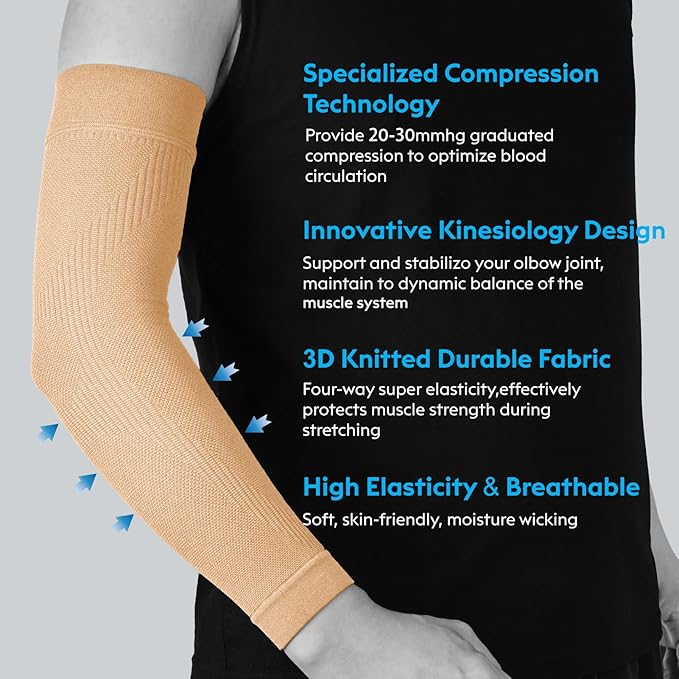 KEKING® Compression Arm Sleeves, Firm 20-30mmHg Graduated Compression Full Arm Support for Recovery, Pain Relief, Tendonitis, Golfers & Tennis Elbow Brace, Workouts Sports - Latex Free Beige M