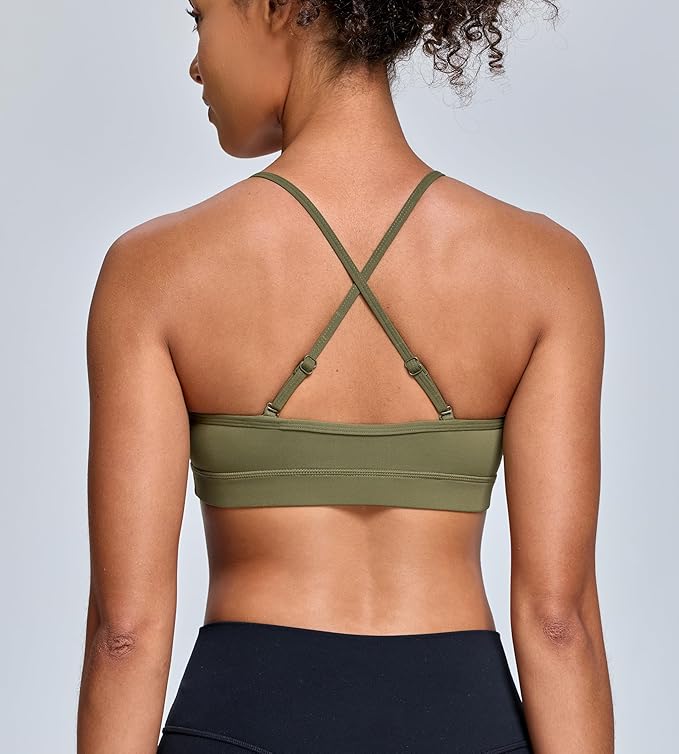 Oalka V Neck Sports Bra for Women Adjustable Padded Thin Straps Wireless Yoga Bras