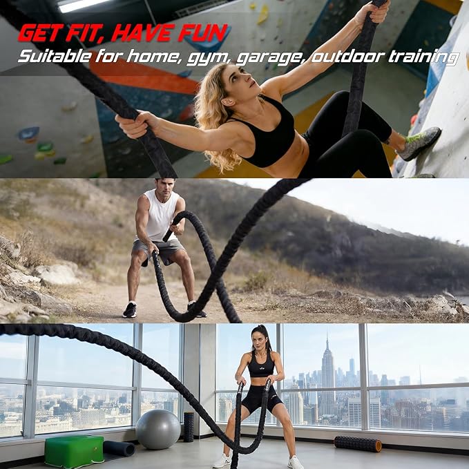 Battle Rope for Home Gym Workout - 1.5 Inch 30ft Heavy Weighted Training Exercise Ropes Fitness Equipment with Sleeve and Anchor Strap Kit for Outdoor Working Out