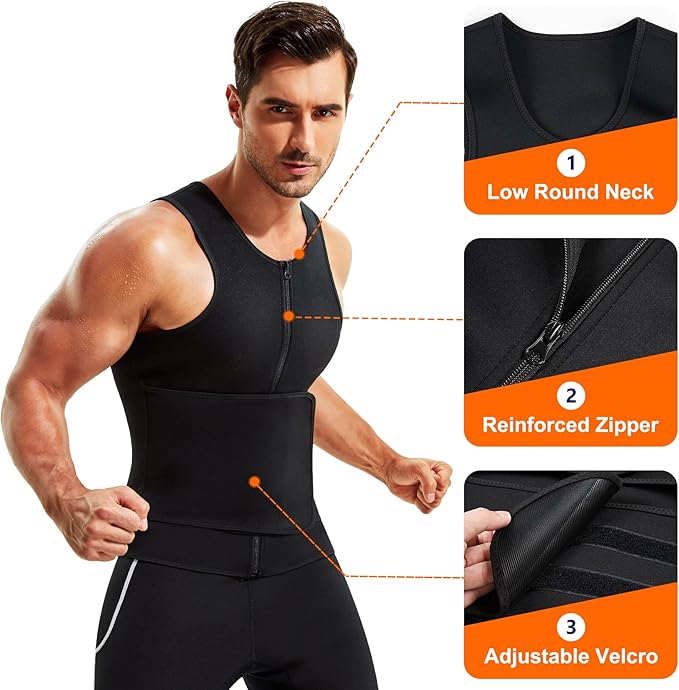 Wonderience Neoprene Sauna Suit for Men Waist Trainer Vest Zipper Body Shaper with Adjustable Tank Top