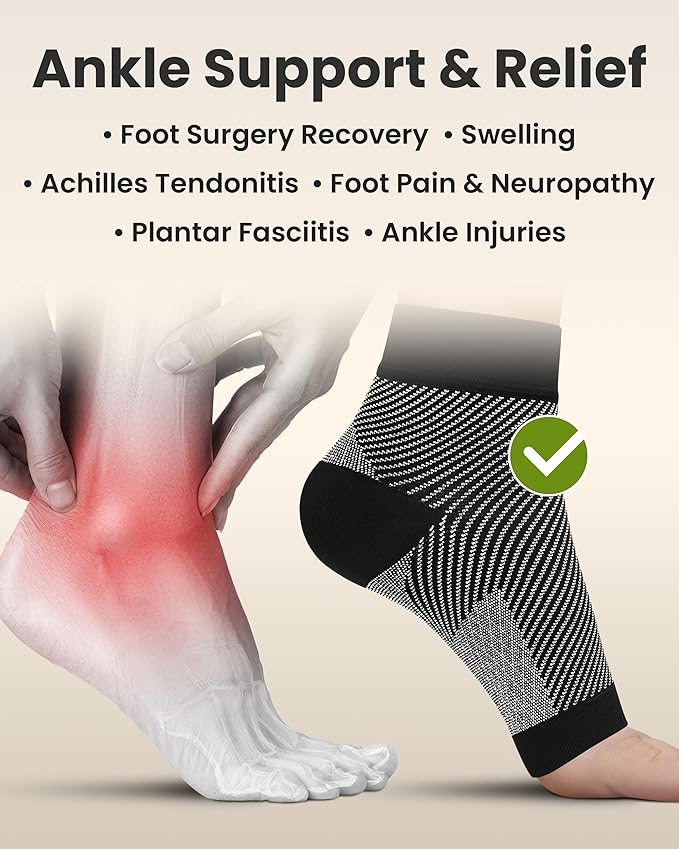 KEMFORD Ankle Compression Sleeve - 1-Pair, Plantar Fasciitis Braces - Open Toe Compression Socks for Swelling, Sprain, Neuropathy, Foot Arch Support for Men and Women - 20-30mmhg, M, Black and White