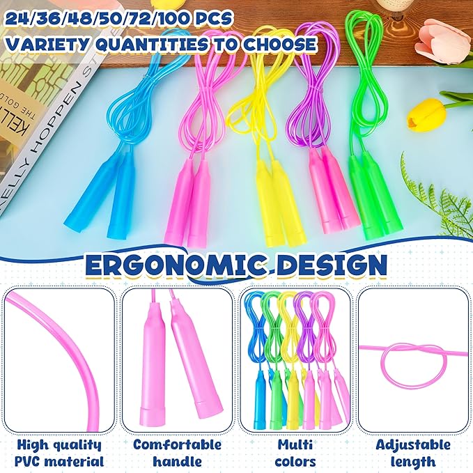 50 Pack Kids Jump Rope, Bright PVC Skipping Ropes for Children, 6.56FT Adjustable Length, Tangle-Free and Lightweight Jumping Ropes for Fitness Outdoor Play and Party Favors