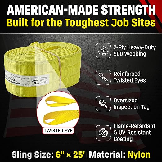 DD Sling 6 Inch x 25 Foot Nylon Lifting Sling – USA Made, 16,300 lb Vertical, 13,000 lb Choker, 32,600 lb Basket – 2-Ply Heavy Duty 900 Webbing, Type 4 Twisted Eye & Eye Rigging Sling