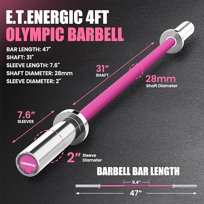 4ft Olympic Barbell - Heavy Duty Chrome Steel Weightlifting Bar for 2-Inch Plates, 500LBS Capacity Bar with Knurled Grip & Ball Bearings - Compact Strength Training Barbell for Men & Women Home Gym Workout