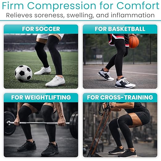 Vive Full Leg Compression Sleeves for Men & Women (Pair) - Knee, Calf, & Thigh Support Brace Wrap for Basketball, Football, Wrestling - Footless Long Running Accessories for Shin Splints (Large)