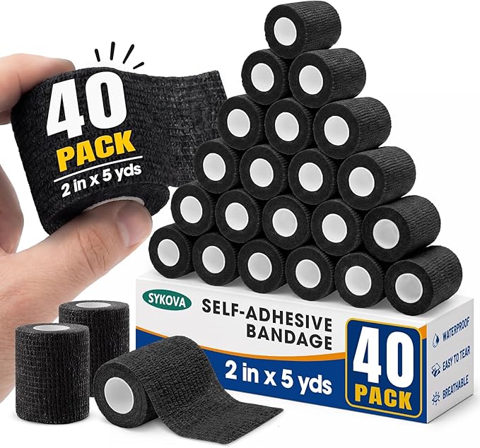 40 Pack Self Sticking Bandage Wrap, Professional Self Adhesive Bandage for Ankle Support Wrist Tape Baseball, Black Athletic Tape, Breathable Cohesive Bandage Wrap for Finger Toe Protection