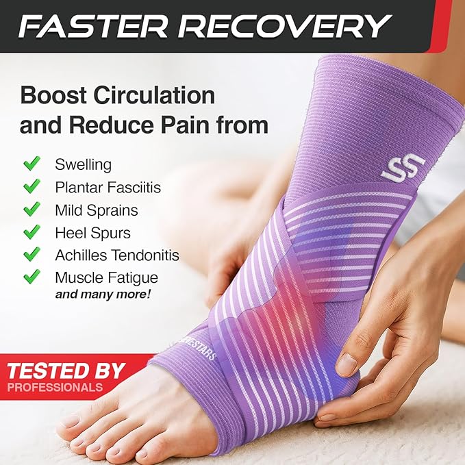 Sleeve Stars Ankle Brace for Women & Men, Ankle Wrap for Sprained Ankle, Compression Sleeve for Plantar Fasciitis Relief, Easy Customizable Support: w/Removable Strap (Pair/M:10"-12"/Light Purple)